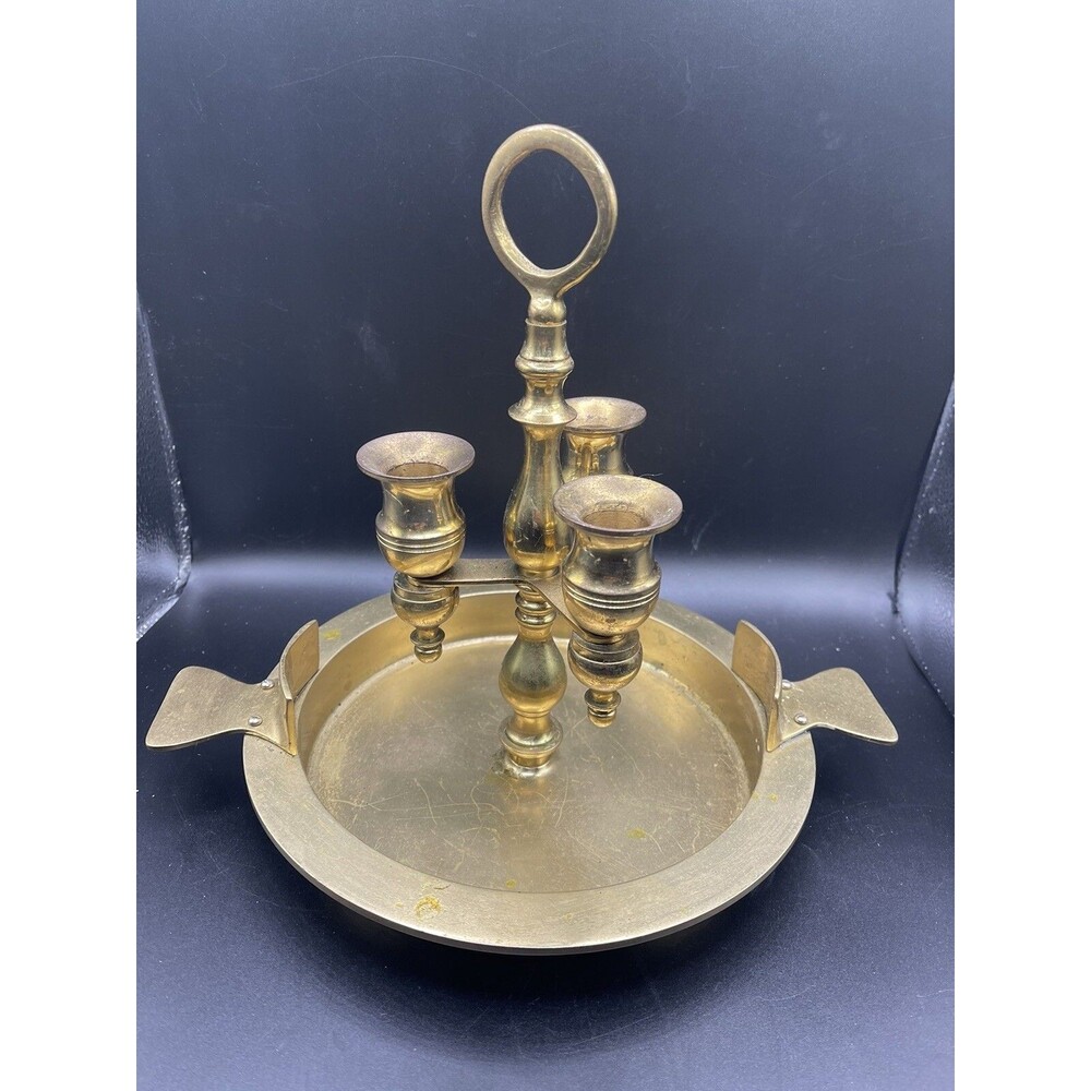 VTG Solid Brass Bouillotte 3 Candlestick Table Centerpiece W/Handles Wax Tray
